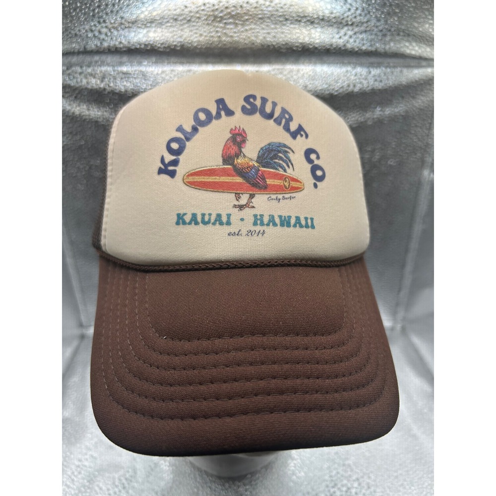 Koloa Surf Co Kauai Hawaii Rooster Surfer Trucker Hat Brown Tan Snapback Cap